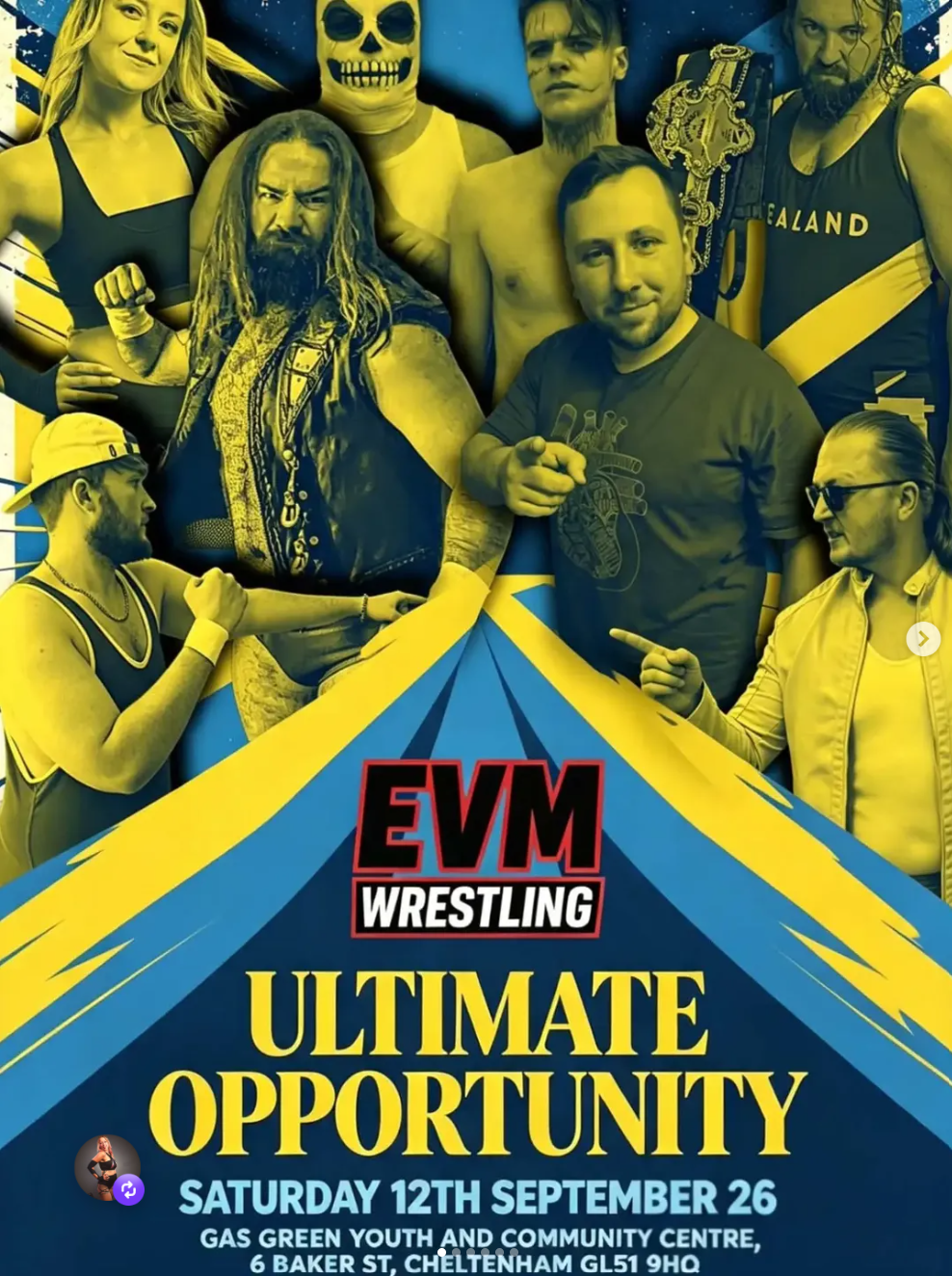 EVM Wrestling Ultimate Opportunity event poster for Saturday 12th September at Gas Green Youth and Community Centre in Cheltenham
