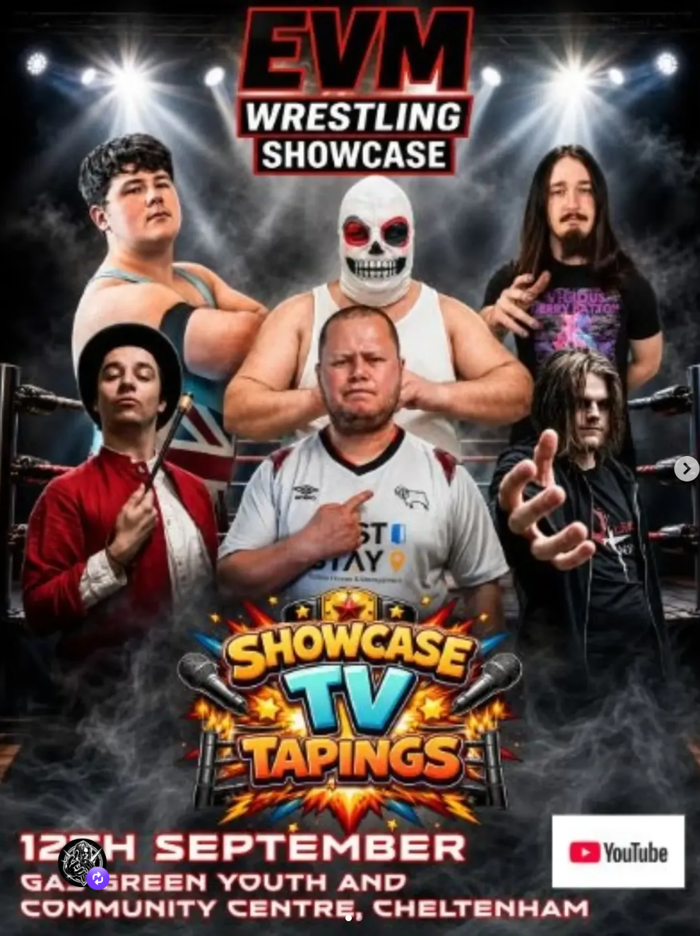 EVM Wrestling Showcase TV Tapings event poster for 12th September at Gas Green Youth and Community Centre in Cheltenham
